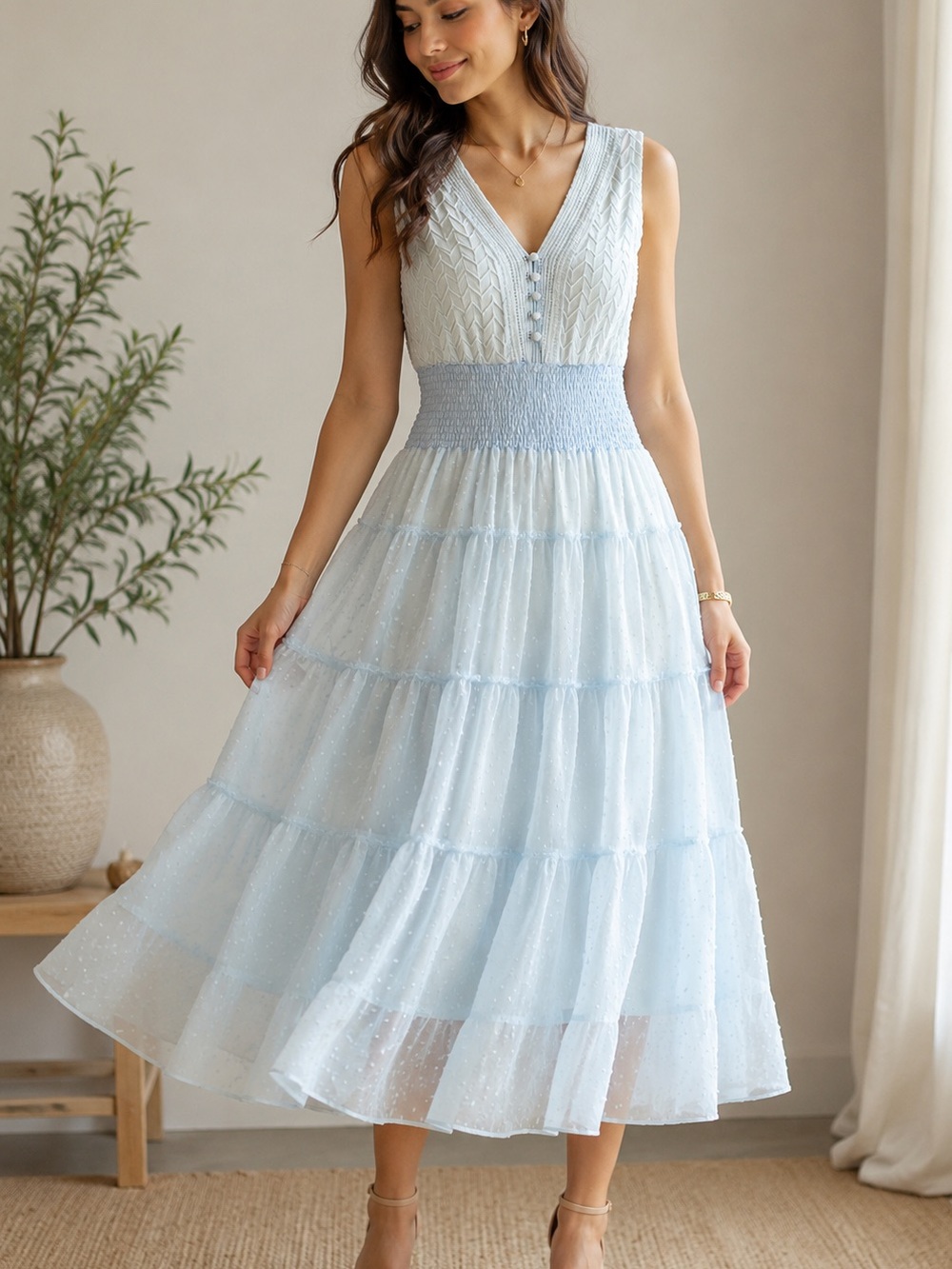NWOT Blue Sleeveless V-Neck Swiss dots Sundress for Wedding Guests